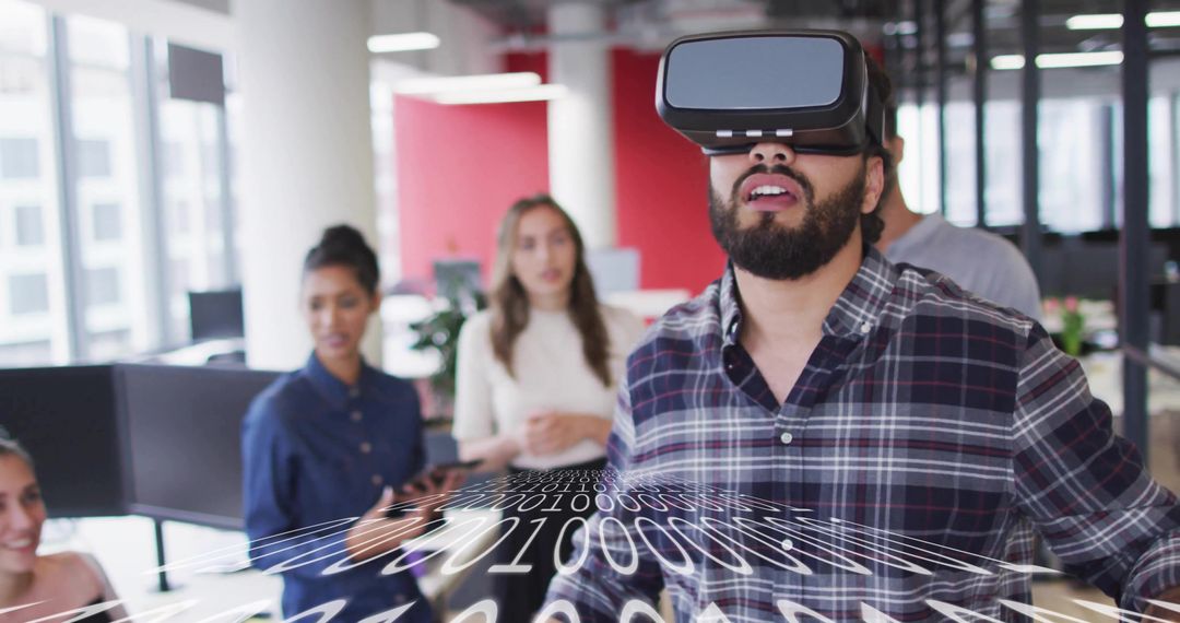 Man Wearing VR Headset Experiencing Virtual Reality in Modern Office