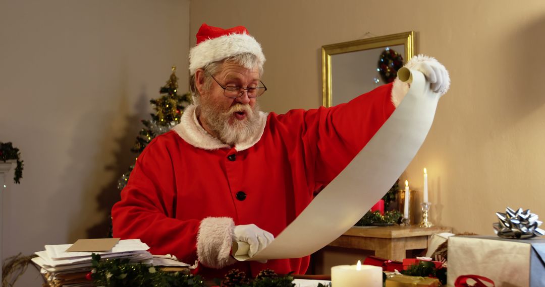 Santa Claus Reading Gift List in Festive Setting - Free Images, Stock Photos and Pictures on Pikwizard.com