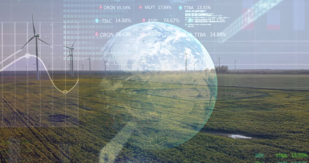 Global Data Overlay on Wind Farm Landscape