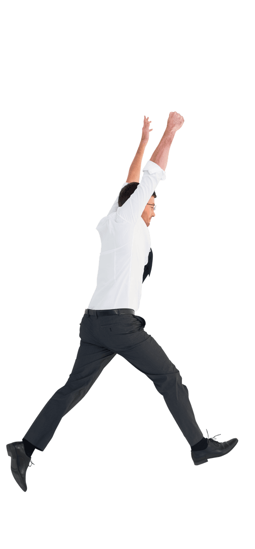 Smiling Caucasian Businessman Jumping on Transparent Background
