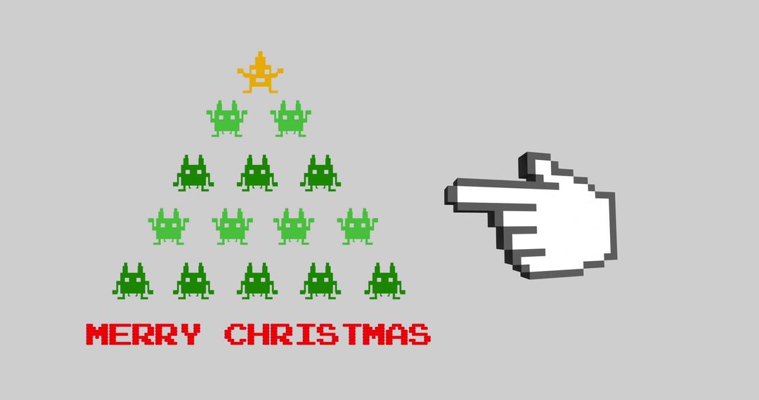 Retro Pixel Art Christmas Tree with Cursor on Grey Background