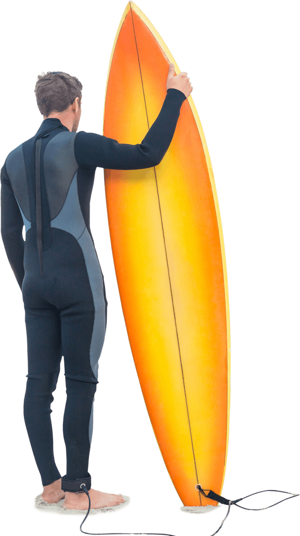 Caucasian Male Surfer with Vibrant Surfboard on Transparent Background