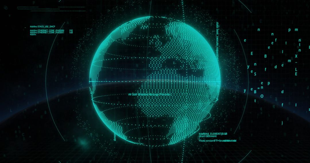 Holographic Globe with Digital Code Symbols in Futuristic Grid Environment
