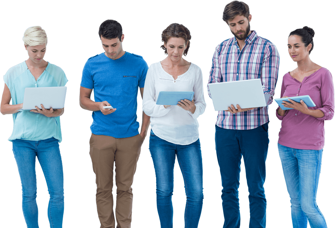 Diverse Group Using Electronic Devices on Transparent Background