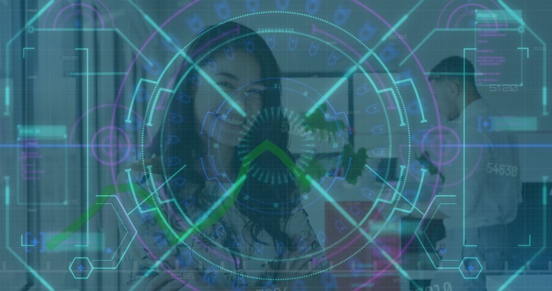 Digital Interface with Futuristic Data Overlay and Business Professionals