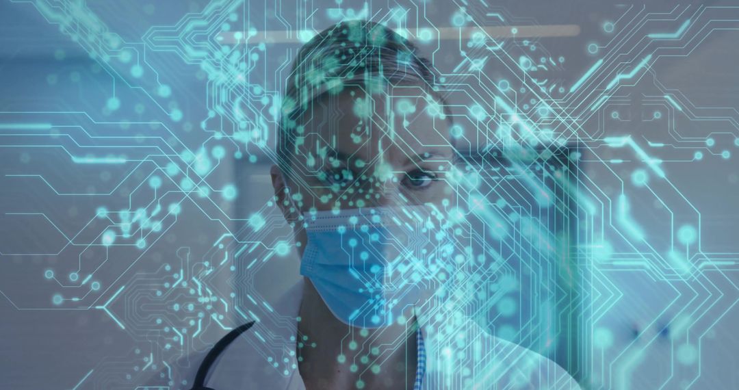 Clinician wearing mask and stethoscope with holographic circuit overlay for medical AI