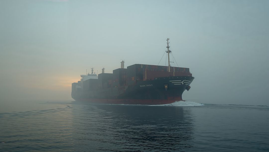 Container Ship Freighter Cutting Through Misty Dawn Ocean with Stacked Containers and Wake