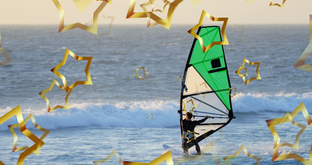 Caucasian Windsurfer Surging Through Ocean With Star Effects