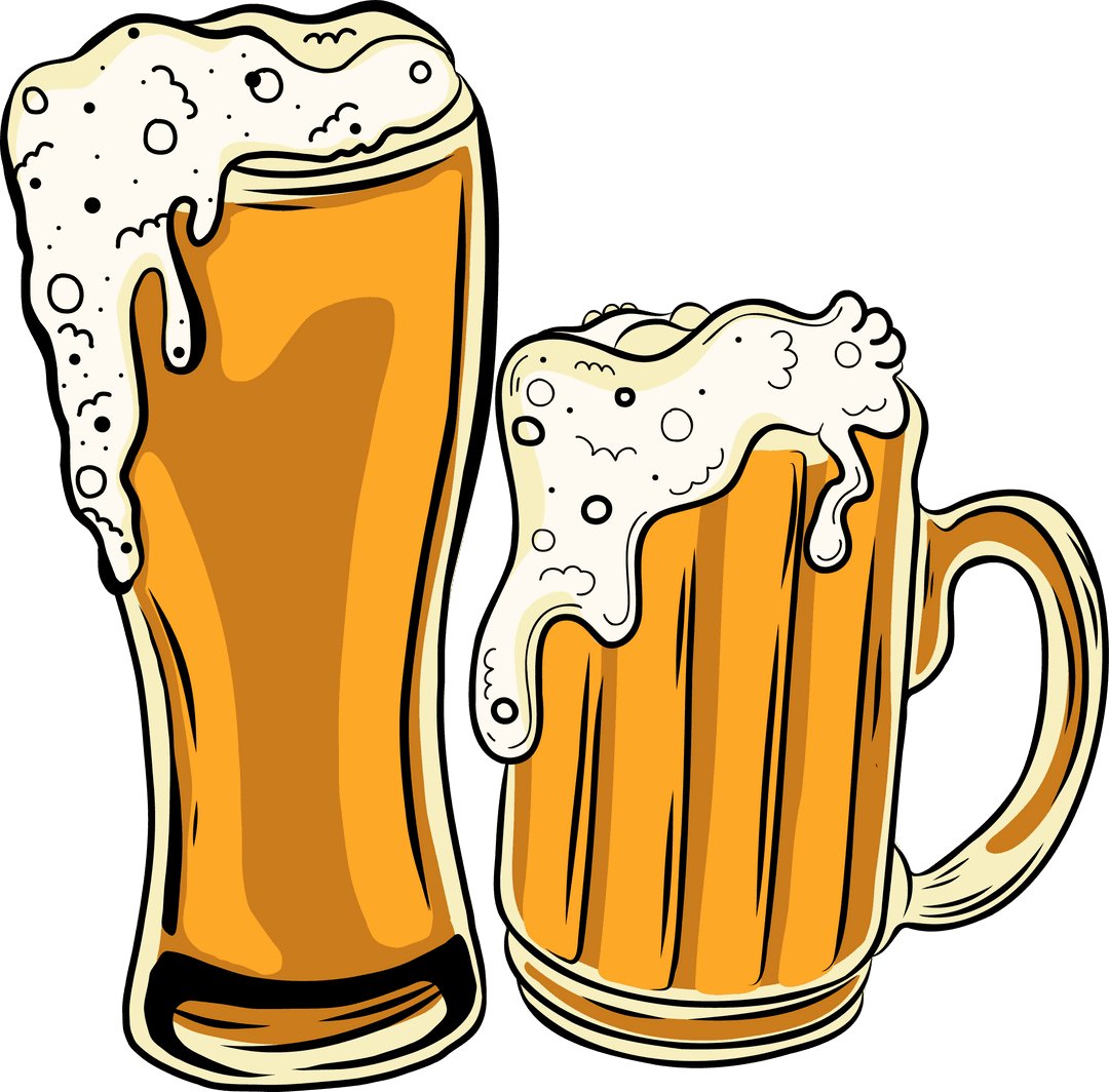 Two Frothy Beer Glasses on Transparent Background