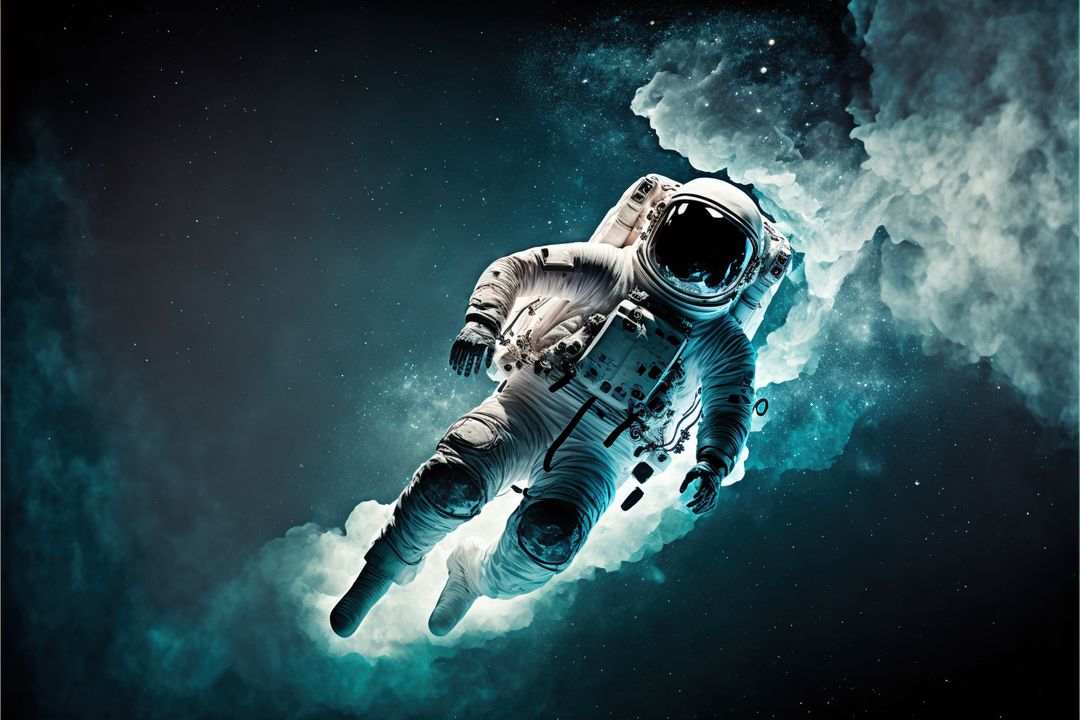 Digital Art of Astronaut Floating in Cosmic Cloudscape