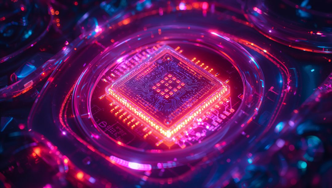 Futuristic Neon Illuminated Microchip on Circuit Board