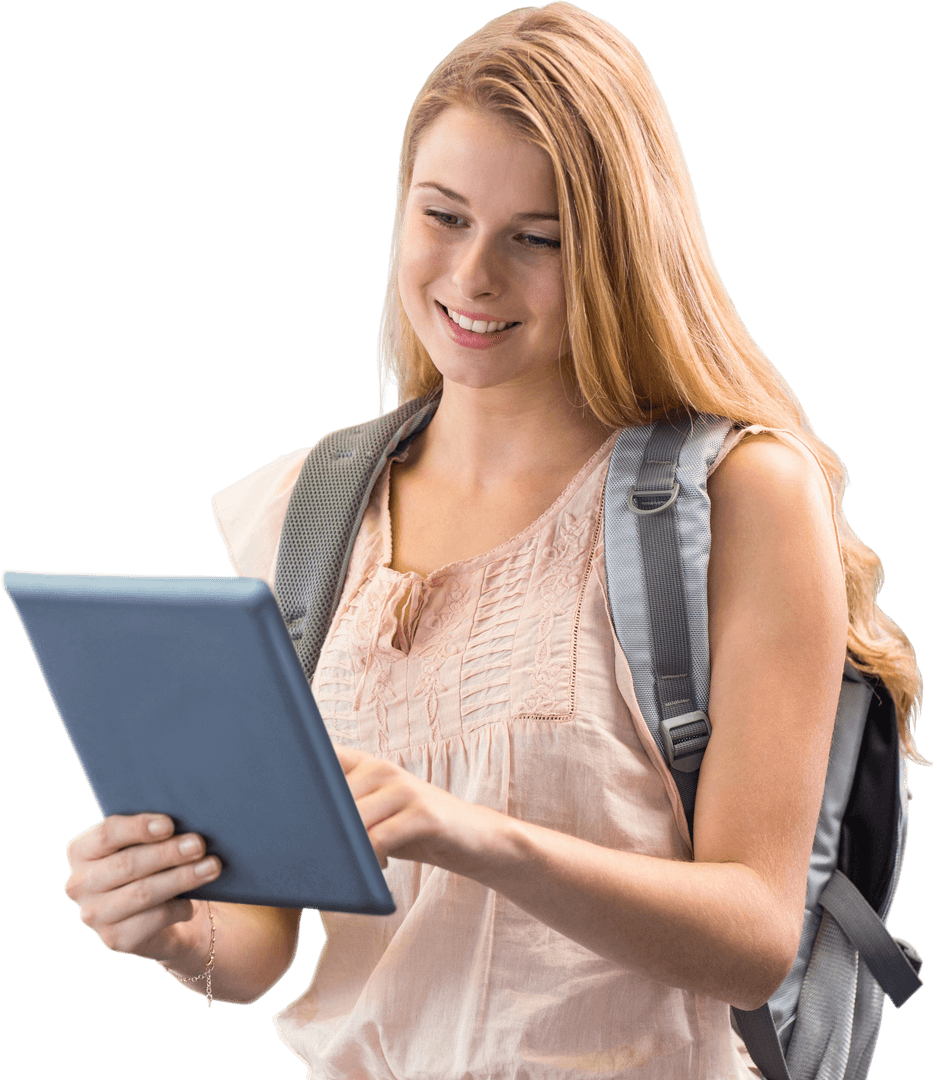 Smiling Young Woman with Backpack Using Tablet Transparent Background