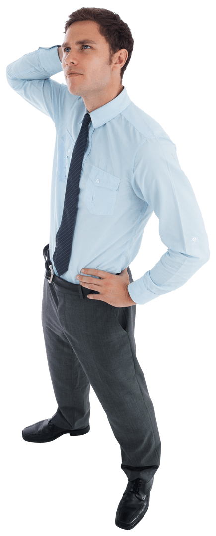 Transparent Thoughtful Businessman Looking Up with Hands on Head