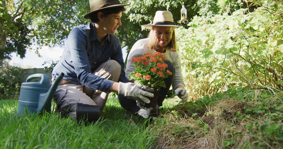 Couple Planting Flowers in Backyard Garden on a Sunny Day - Free Images, Stock Photos and Pictures on Pikwizard.com