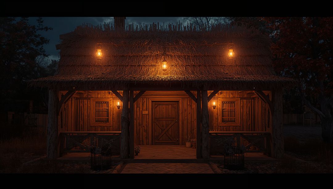 Cozy Wood Cabin with Lantern Lighting in Forest at Night