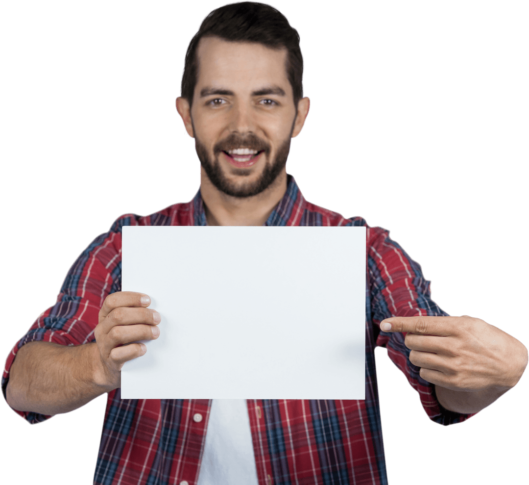 Smiling Man Pointing at Transparent Blank Cardboard for Copy Space