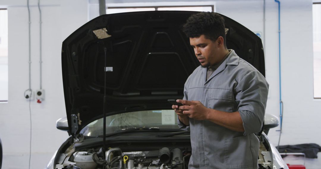 Mechanic Using Smartphone in Auto Repair Shop - Free Images, Stock Photos and Pictures on Pikwizard.com