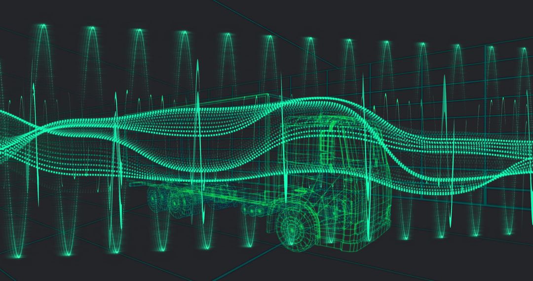 Futuristic Wireframe Truck in Matrix-style Digital Grid