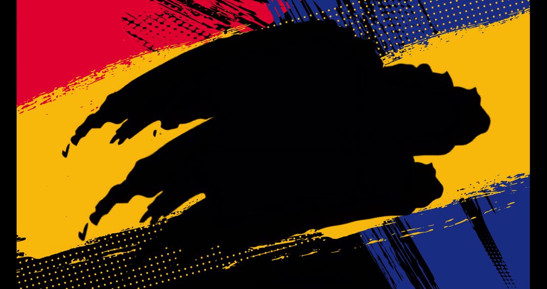 Abstract Black and Yellow Brush Strokes on Red and Blue Backdrop