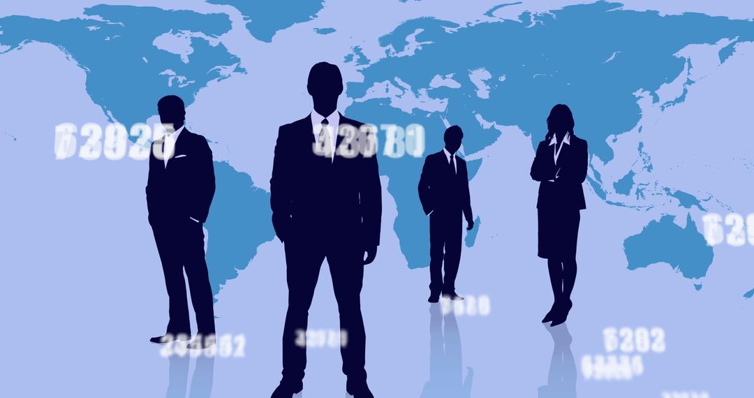 Silhouetted Businesspeople Over World Map with Numbers