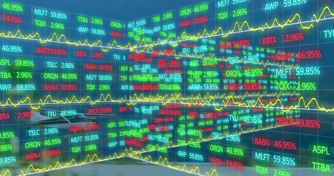 Stock Market Numbers Overlay on Airplane Runway Scene