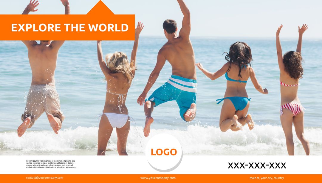 Group Joyfully Jumping into Sea Promoting Travel and Adventure