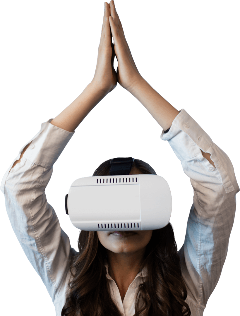 Woman Practicing Yoga with Transparent VR Glasses in Focused Pose
