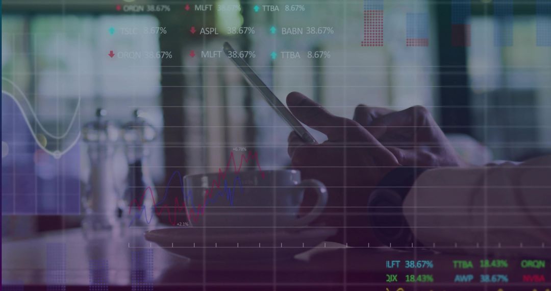 Businessman tapping smartphone at cafe table with stock market charts and analytics overlay