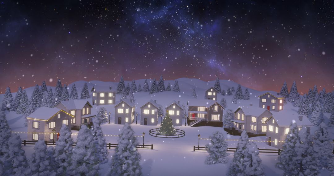 Snowy Village with Tree and Illuminated Houses Under Snowfall