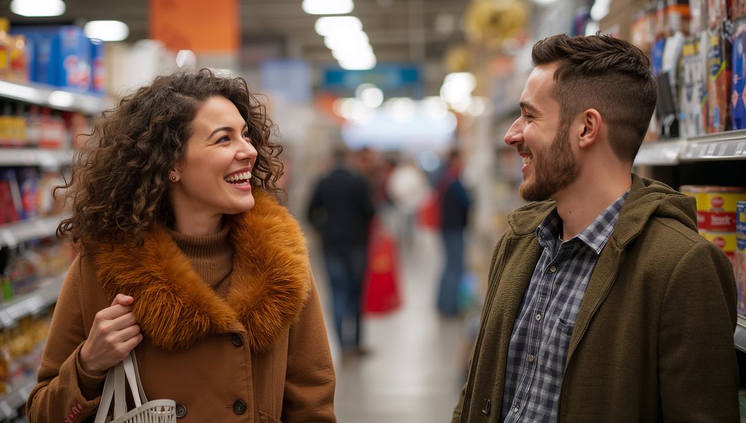 Smiling couple chatting while shopping in grocery aisle wearing winter coat and jacket