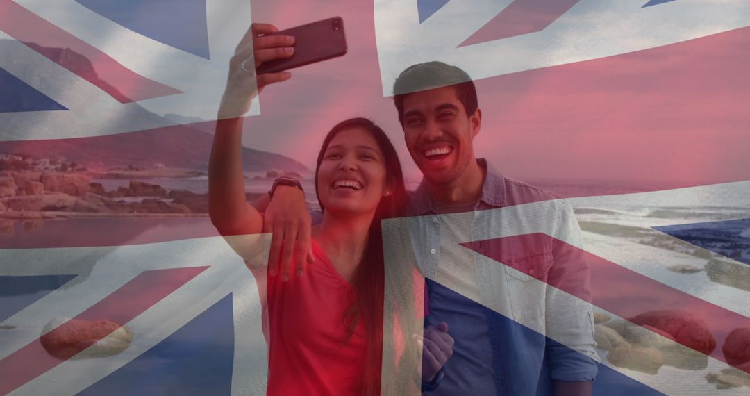 Couple Capturing Seaside Selfie with UK Flag Overlay