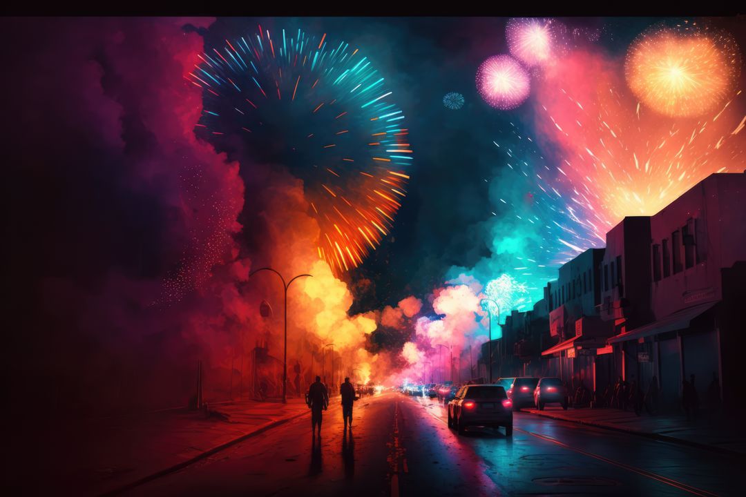 Multi coloured fireworks exploding over city street, created using generative ai technology - Free Images, Stock Photos and Pictures on Pikwizard.com