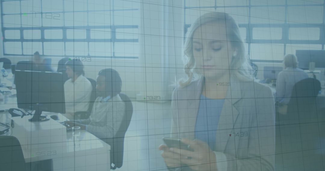 Business Professional Using Smartphone with Diverse Team in Background