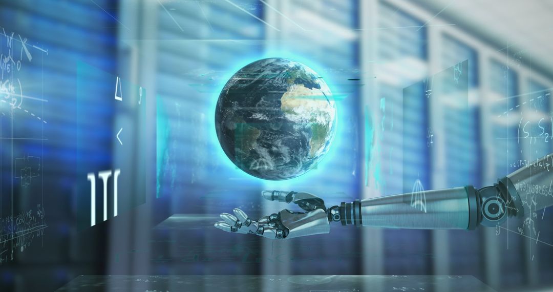 Innovative Robotics Hand Holding Digital Globe in Data Center