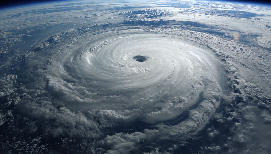 Rotating Tropical Cyclone from Orbit Revealing Clear Eye, Eyewall and Spiral Rainbands