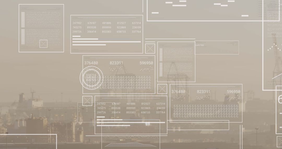 Digital Interface Overlay on Foggy Cityscape Illustrating Business Growth