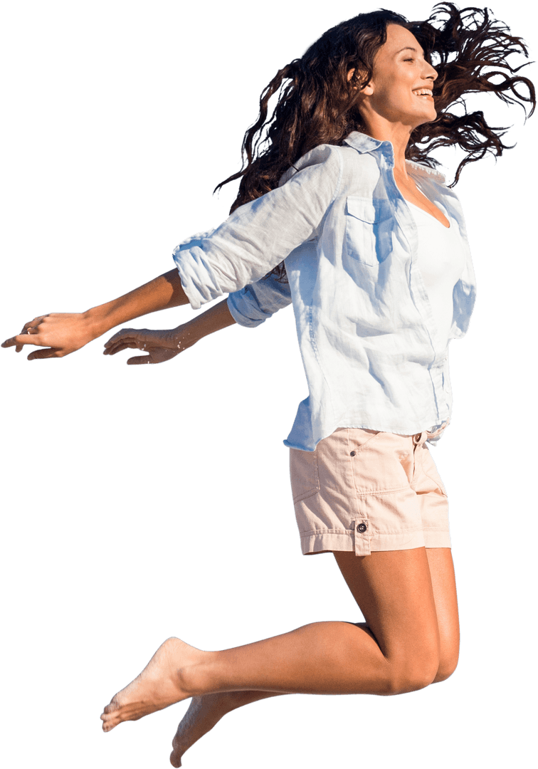 Energetic Woman Jumping with Joy on Transparent Background