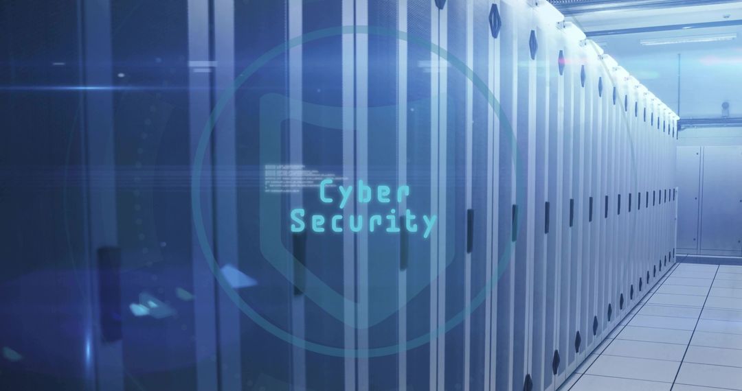 Futuristic Data Center Corridor with Cybersecurity Overlay