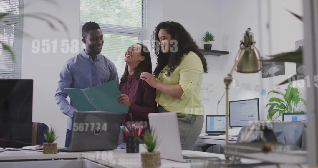 Diversified Team Collaborating in Modern Office with Digital Overlay