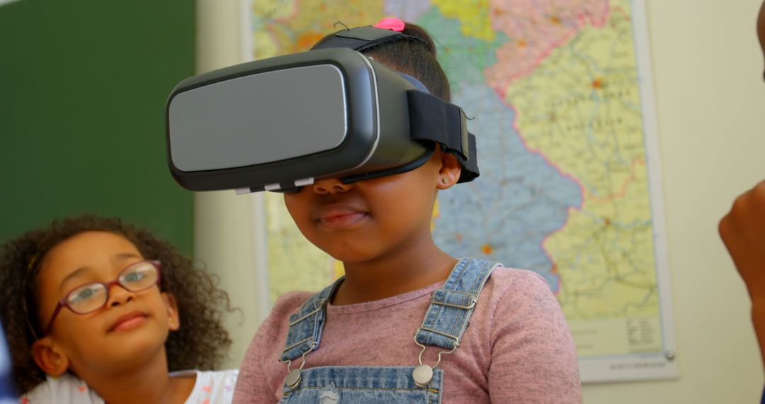 Young Schoolgirl Exploring Virtual Reality in Classroom Setting