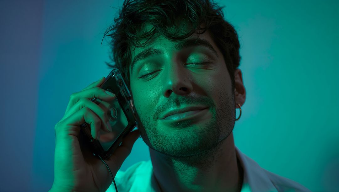 Young Man Holding Walkman Listening with Eyes Closed Retro Neon Cassette Analog Portrait