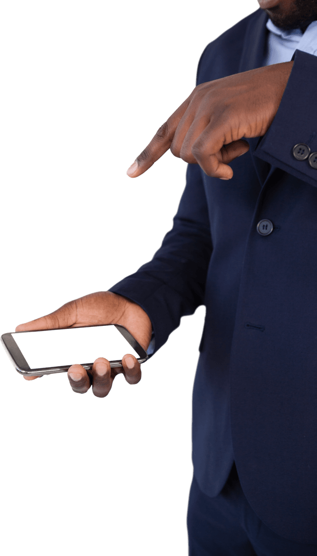 Businessman Interacting with Transparent Smartphone for Conceptual Imagery