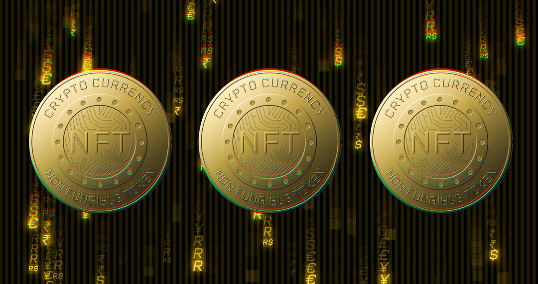 Golden NFT Coins with Currency Symbols on Black Background
