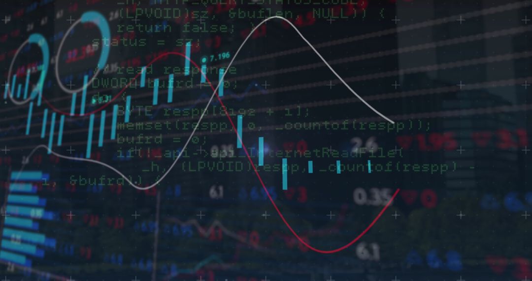 Digital financial data analysis with graphs and code overlay
