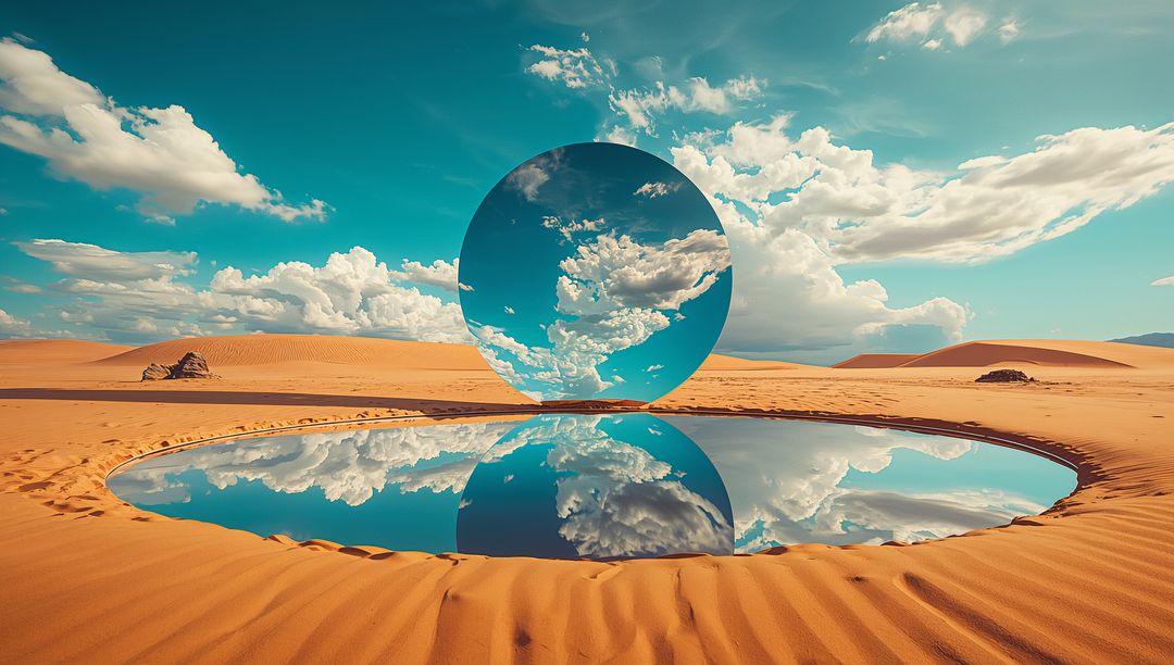 Surreal Desert Reflection with Circular Mirror and Water Pool