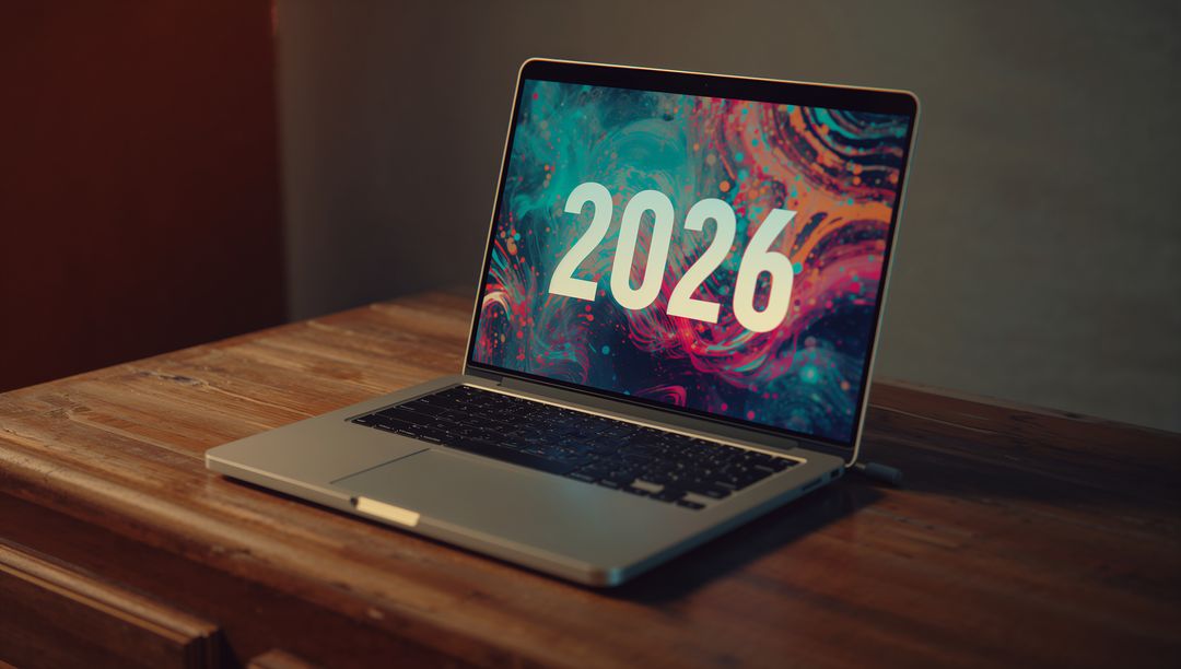 Futuristic Laptop Displaying 2026 on Vintage Wooden Desk