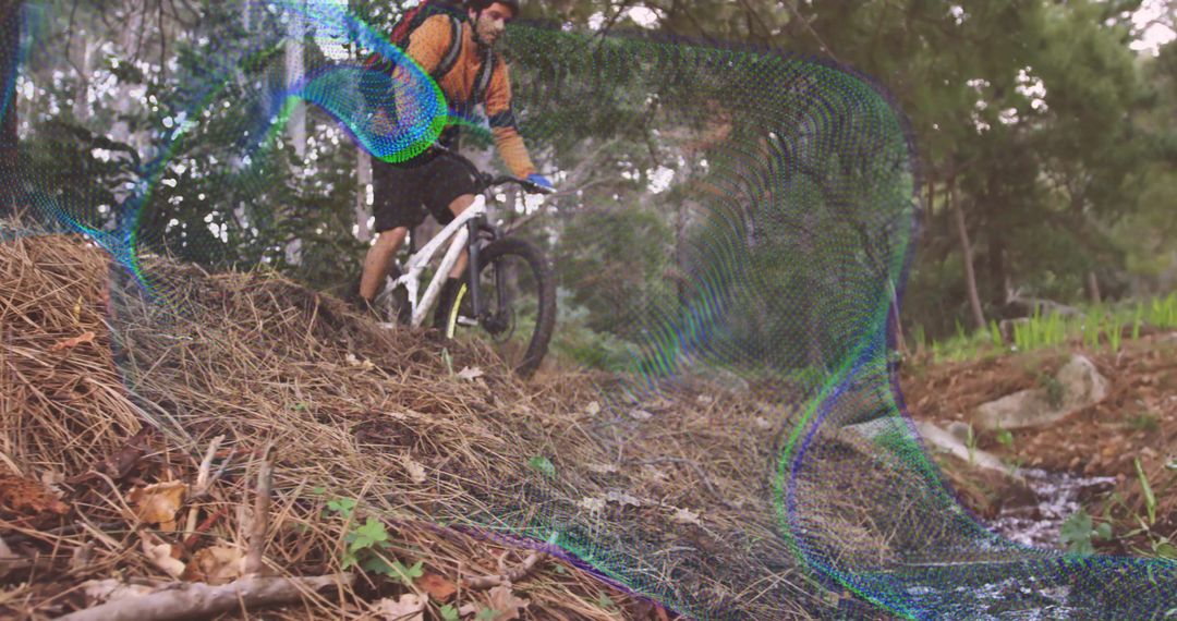 Mountain Biker Adventuring Through Forest Trail