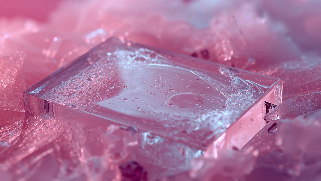 Transparent Block on Reflective Shards with Water Droplets