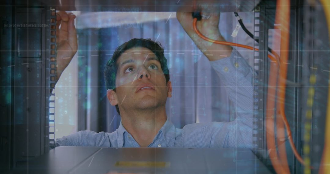 Technician Inspecting Server Wires with Digital Overlay