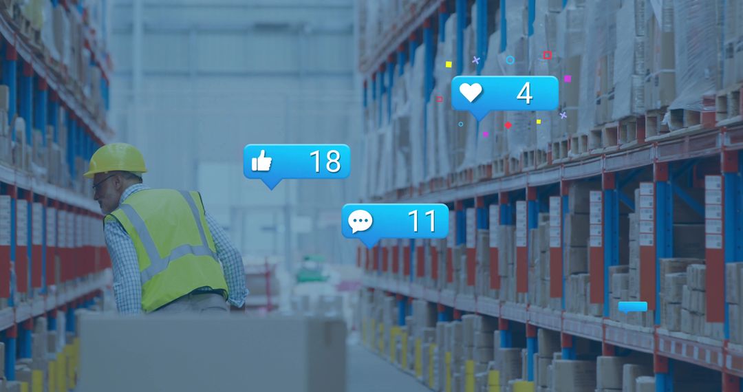 Warehouse Worker Checking Inventory Moving Pallet with Social Media Metrics Overlays